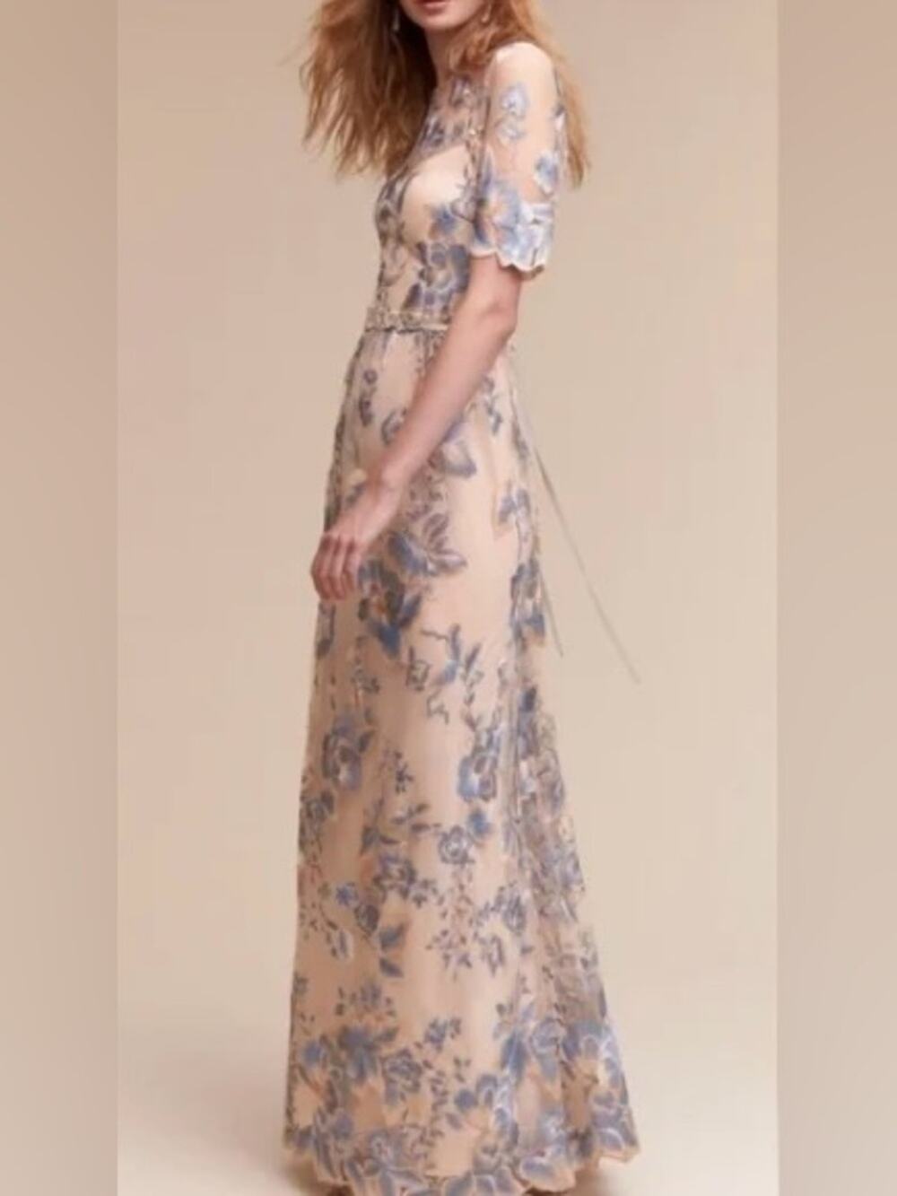 Adrianna Papell Anthro BHLDN Guilia Illusion Blue Floral Embroidered Gown Dress